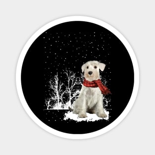 Christmas Miniature Schnauzer With Scarf In Winter Forest Magnet